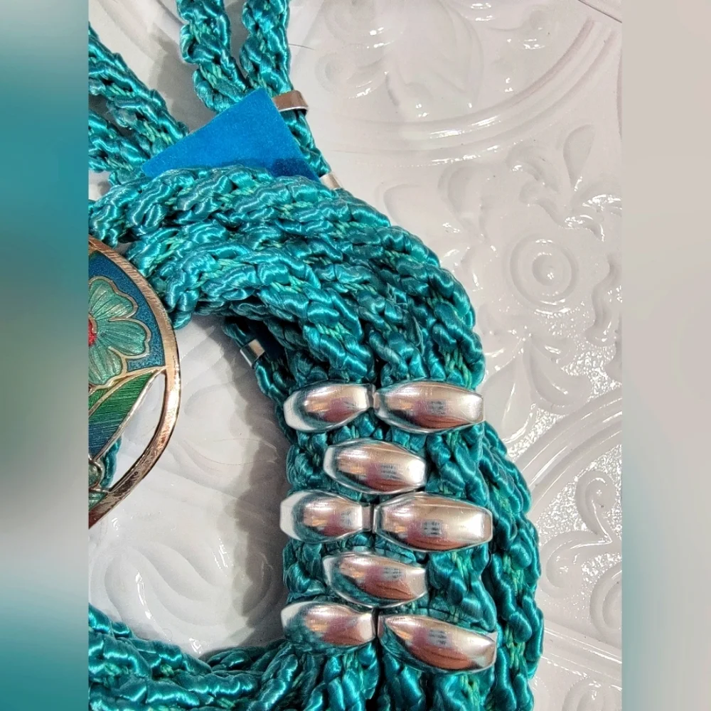 Vintage Sea Gem Floral Cloisonne Buckle Teal Braided Rope Belt